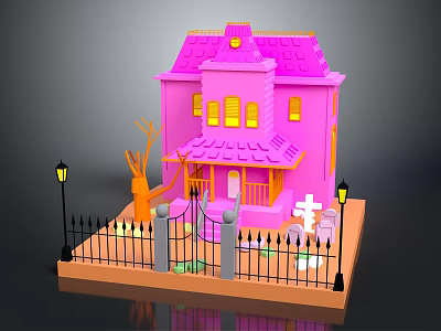 Pink Toy House With Purple Roof Yellow Windows Black Fence Street Lamps Tree And Tombstones 3d model