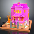 Pink Toy House With Purple Roof Yellow Windows Black Fence Street Lamps Tree And Tombstones
