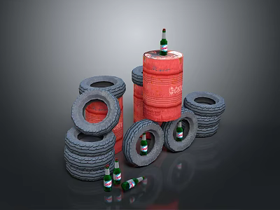 Red and Gray Stacked Tires with Scattered Green Bottles Around 3d model