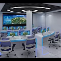 Modern Monitoring Room With Curved Workstations Blue Chairs And Computer Monitors Bright Interior Setup