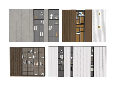 Modern Bookcase Designs with Wooden Gray White Finishes Open Shelves and Storage Spaces 3d model