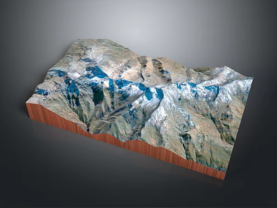 Detailed 3D Mountain Terrain Model With Blue Water Areas And Wooden Base 3d model