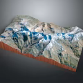 Detailed 3D Mountain Terrain Model With Blue Water Areas And Wooden Base