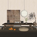 Tatami Tea Table and Chair Tatami Tea Table and Chair Tea Table Chandelier Dried Branches Flower Art Hanging Painting 3d model