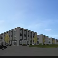 Modern Office Building Exterior With Green Trees Car Pedestrians And Blue Sky