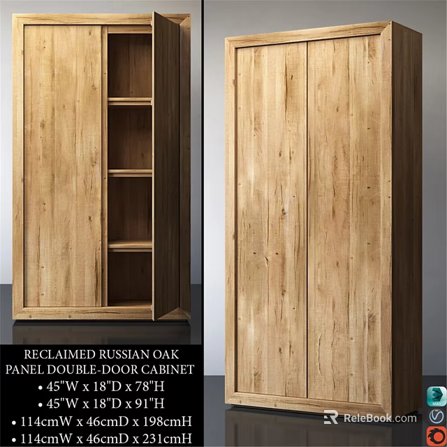 Reclaimed Russian Oak Panel Double Door Cabinet With Storage For Home 3d model 