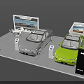 Modern Car Exhibition Stand Display With Gray And Green Vehicles Screens And Furniture