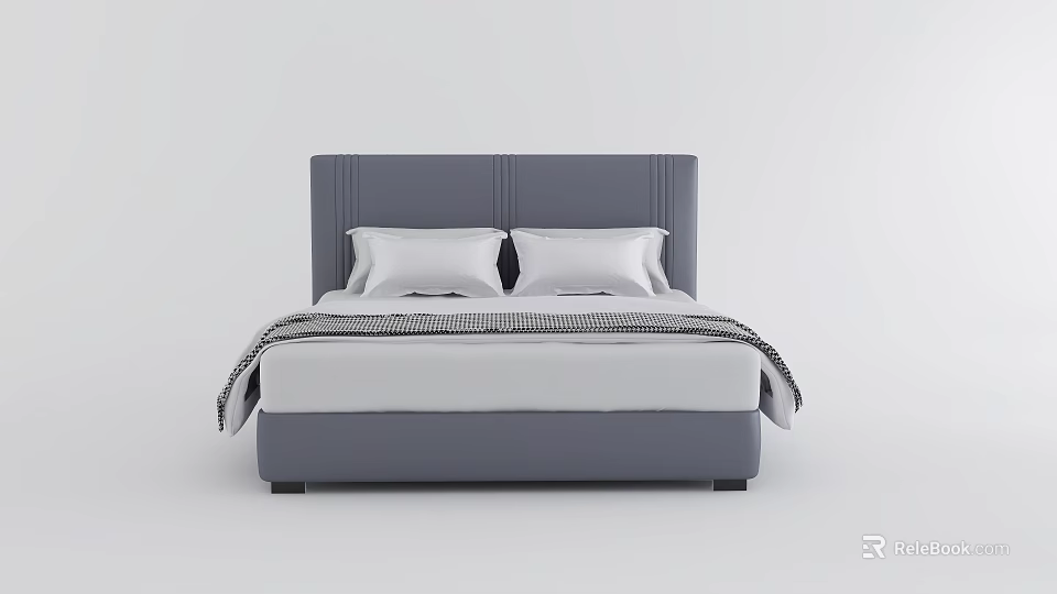 Modern Double Bed With Gray Headboard White Pillows And Striped Bedding 3d model