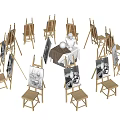 Art Supplies Setup With Wooden Easels Sketchpads Stools And Plaster Statue