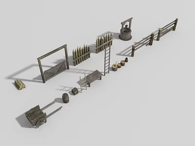 Rustic Outdoor Scene Components With Fence Gate Ladder Wheelbarrow And Bell 3d model