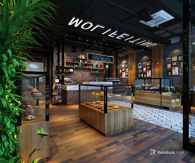 Cozy Dessert Shop Interior with Display Cases Wooden Flooring Green Plants and Brick Walls 3d model 