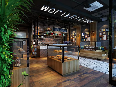 Cozy Dessert Shop Interior with Display Cases Wooden Flooring Green Plants and Brick Walls 3d model