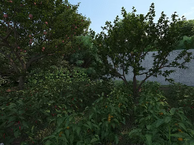 Lush Garden Landscape With Diverse Trees Shrubs And Vibrant Green Plants 3d model