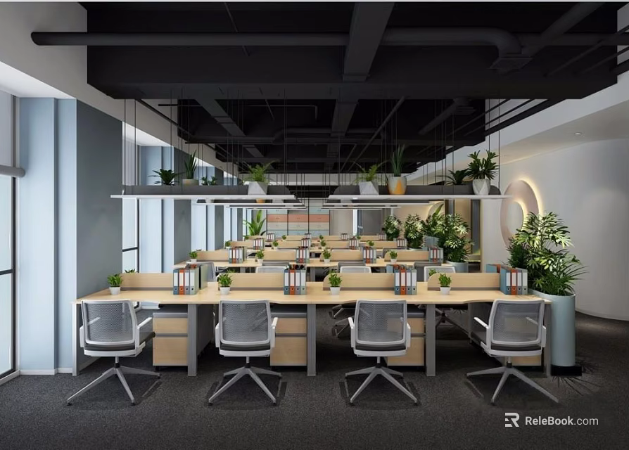 Modern Public Office Space Featuring Industrial Ceiling Multiple Workstations And Green Plants 3d model