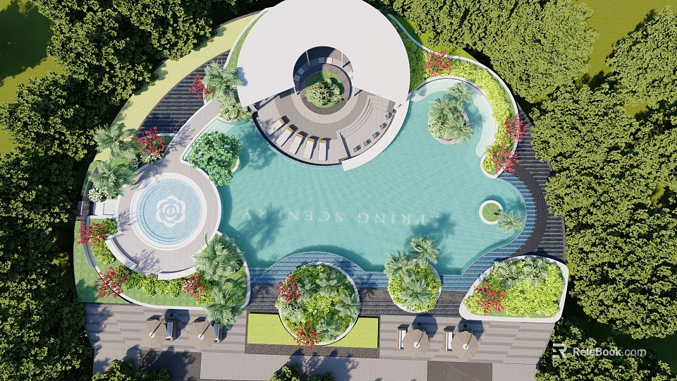 Residential Landscape Featuring Spring Garden Swimming Pool Circular Pavilion Lush Greenery And Relaxation Areas 3d model 