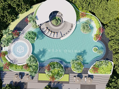 Residential Landscape Featuring Spring Garden Swimming Pool Circular Pavilion Lush Greenery And Relaxation Areas 3d model