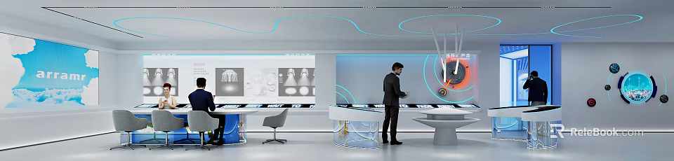 Modern High Tech Exhibition Space With Interactive Displays And Curved Ceiling Design 3d model 