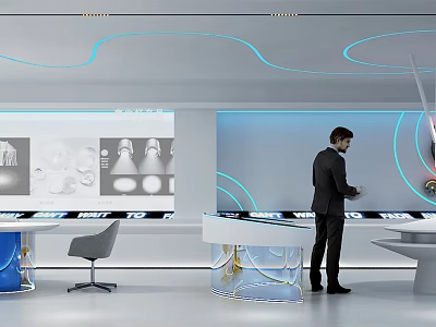 Modern High Tech Exhibition Space With Interactive Displays And Curved Ceiling Design 3d model