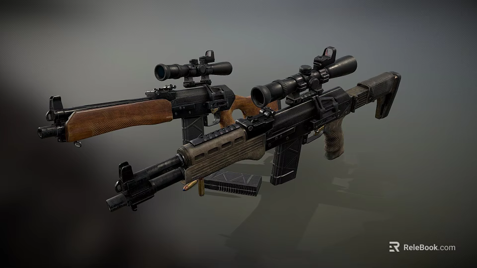 Tactical Rifles With Scopes Wooden Stocks And Black Metal Components 3d model 