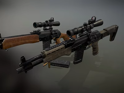 Tactical Rifles With Scopes Wooden Stocks And Black Metal Components 3d model