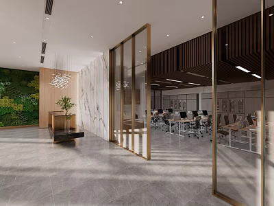 Modern Office Reception Area With Stylish Desk Green Wall Marble Floor And Glass Partitions 3d model