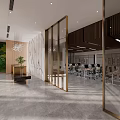 Modern Office Reception Area With Stylish Desk Green Wall Marble Floor And Glass Partitions