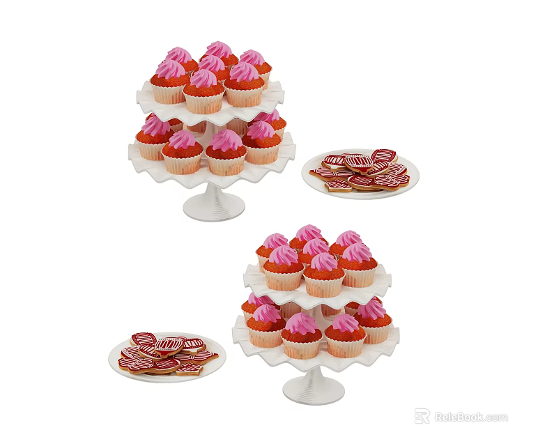 Tiered Cupcake Stand With Pink And Red Frosted Cupcakes And Chocolate Cookies 3d model 