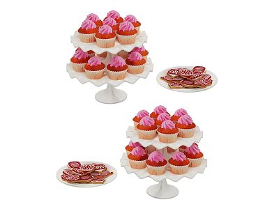 Tiered Cupcake Stand With Pink And Red Frosted Cupcakes And Chocolate Cookies 3d model