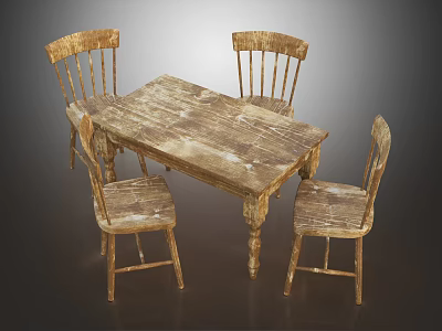 Rustic Wooden Dining Table Set with Four Vintage Chairs and Natural Texture 3d model
