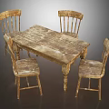 Rustic Wooden Dining Table Set with Four Vintage Chairs and Natural Texture