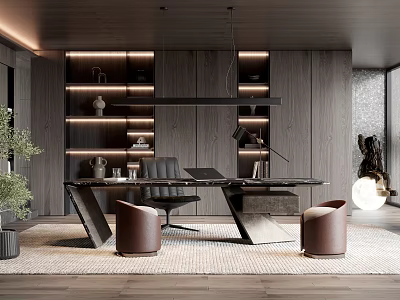 Modern Office Interior Design With Wooden Desk Leather Chair Pendant Lighting And Green Plants 3d model