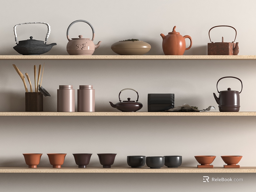 Assorted Colored Tea Set Display on Three Wooden Shelves with Teapots Teacups Caddies and Chopsticks 3d model 