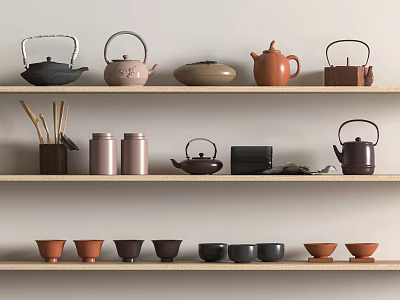Assorted Colored Tea Set Display on Three Wooden Shelves with Teapots Teacups Caddies and Chopsticks 3d model