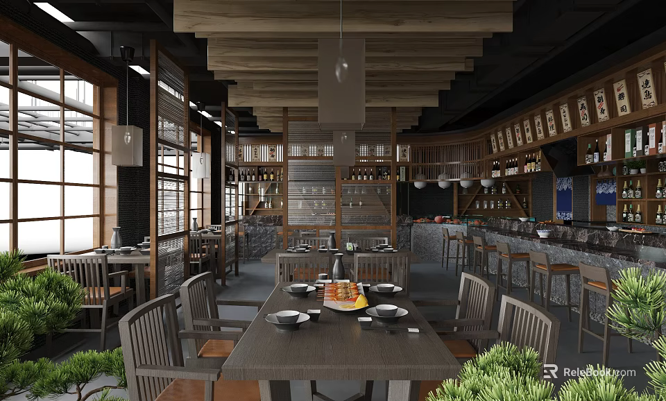 Warm Wooden Restaurant Interior With Dining Tables Chairs Bar Counter And Large Windows 3d model 