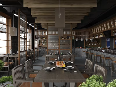 Warm Wooden Restaurant Interior With Dining Tables Chairs Bar Counter And Large Windows 3d model