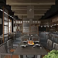 Warm Wooden Restaurant Interior With Dining Tables Chairs Bar Counter And Large Windows