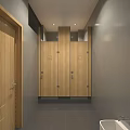 Public Restroom Interior With Wooden Stall Doors Tiled Walls Mirror And Double Sink
