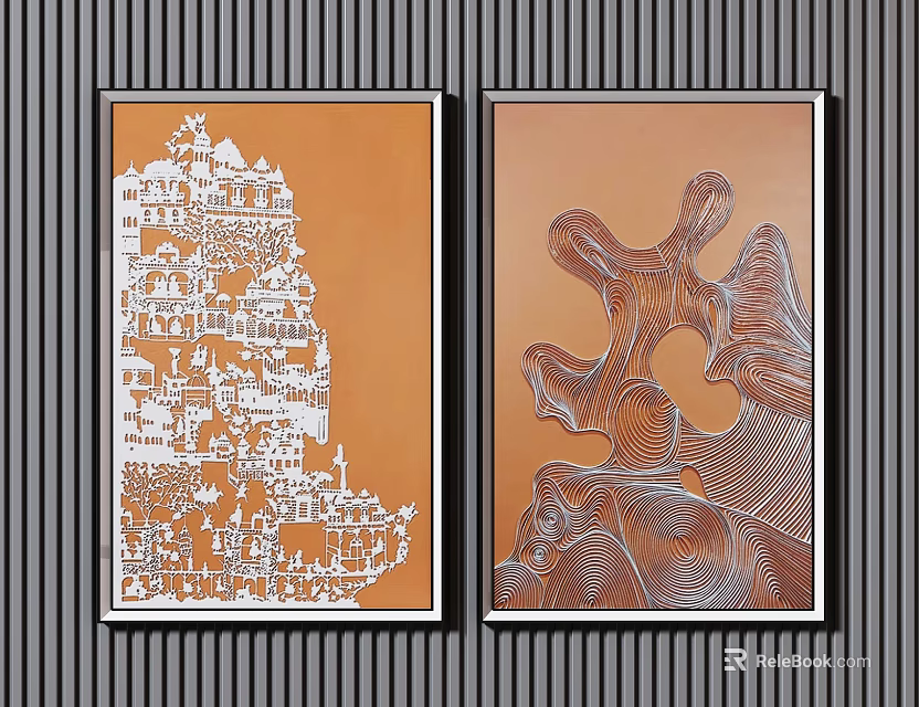 Two Abstract Art Paintings With Orange Background White Patterns Black Frames On Striped Wall 3d model