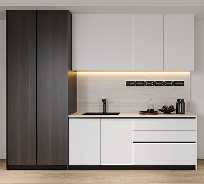 Modern Kitchen With Dark Wood And White Cabinets Countertop Sink And Lighting 3d model