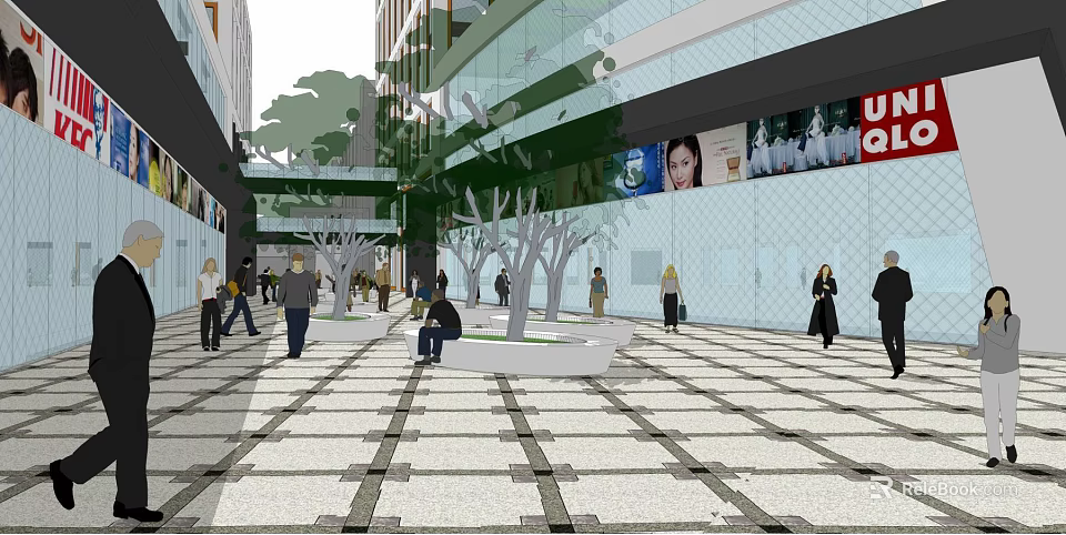 Modern Office Building With Glass Curtain Wall Pedestrian Plaza And Green Plants 3d model 
