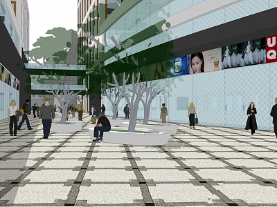Modern Office Building With Glass Curtain Wall Pedestrian Plaza And Green Plants 3d model