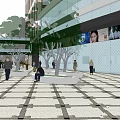 Modern Office Building With Glass Curtain Wall Pedestrian Plaza And Green Plants