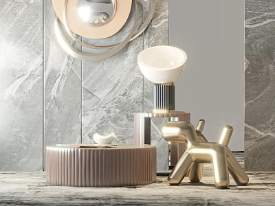 Modern Elegant Coffee Table Interior With White Lamp And Golden Sculpture Against Marble Wall 3d model