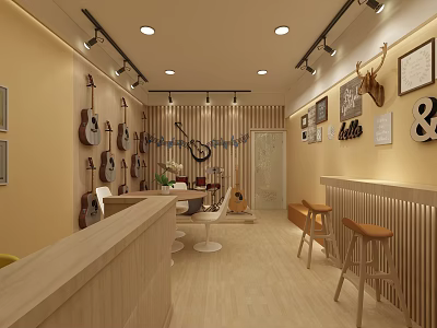 Modern Guitar Store Interior With Wooden Decor Bar Stools Wall Guitars And Artworks 3d model