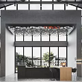 Wang Store Interior With Silver Textured Ceiling Orange Sign Gray Grid Cabinets And White Counter