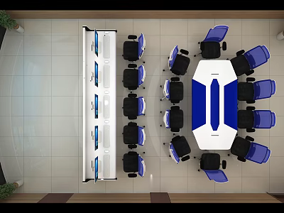 Modern Control Room With Multiple Monitor Screens Central Desk And Blue Chairs 3d model