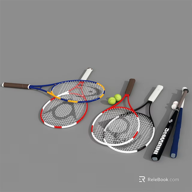 Colorful Design Tennis Rackets And Balls Sports Equipment For Training 3d model 