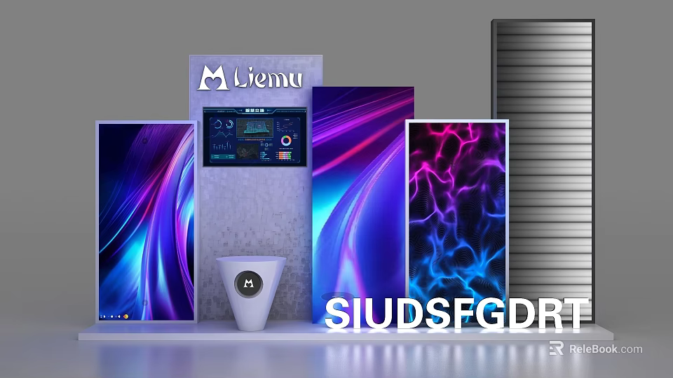 Vibrant Background Wall Samples With Purple Blue Wavy Patterns And Display Device 3d model 