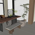 Modern Tea Room Interior With Wooden Table Bench Green Plants Large Windows And Outdoor Garden