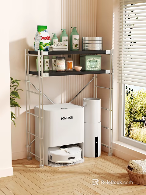 Multi Tier Metal Storage Shelf With Storage Containers And White Appliances Near Window 3d model 